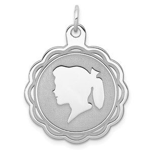 Million Charms Sterling Silver Rhodium-plated Engraveable Girl Disc Charm